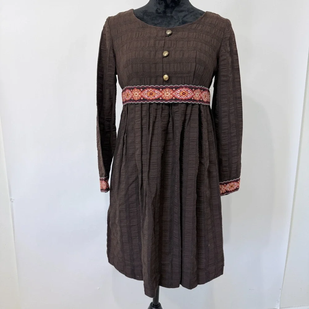 Vintage Brown Textured Long‎ Sleeve Dress Girls Size 11/12 Cotton Folk Earthy